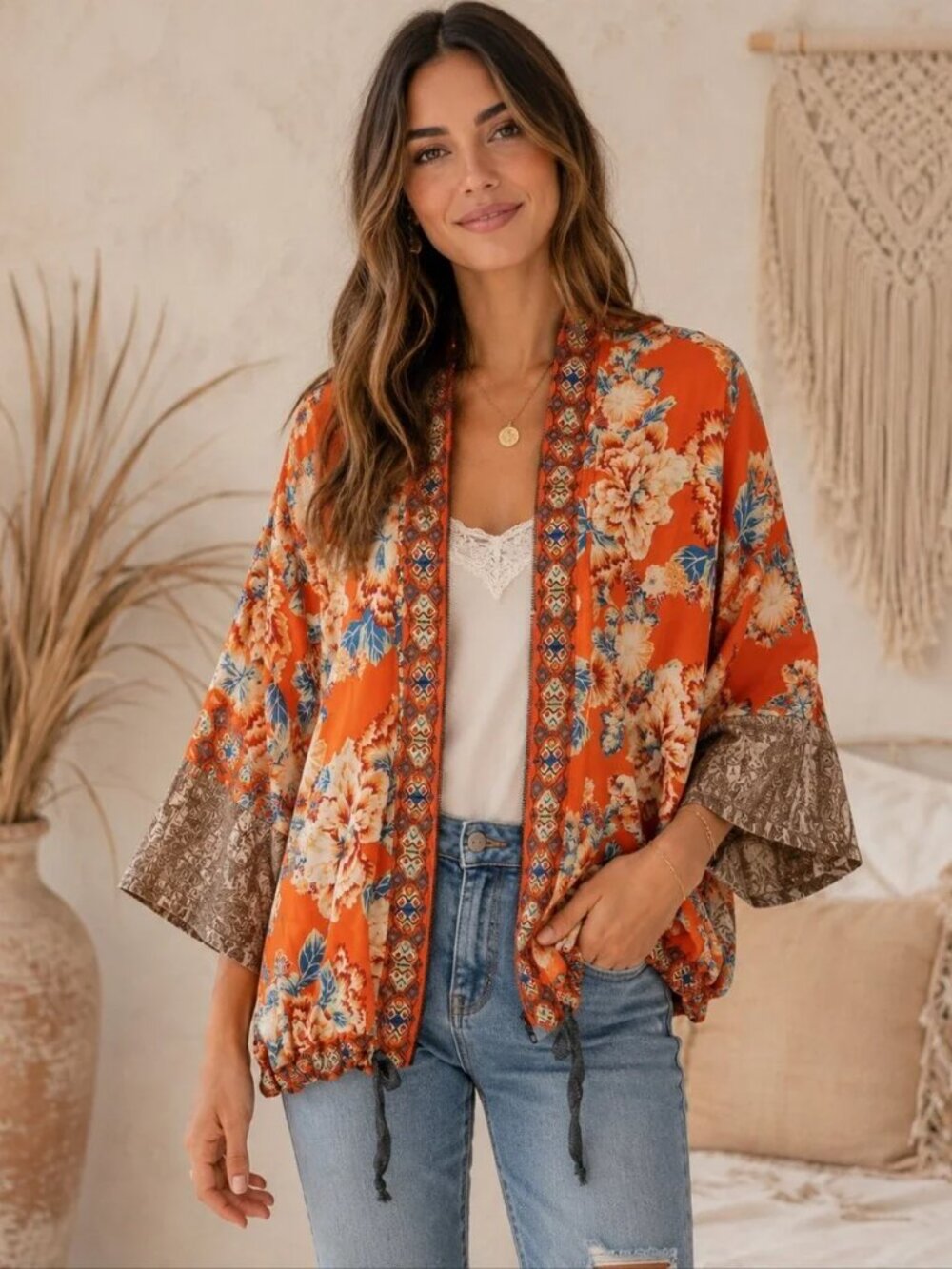 FREE PEOPLE Wildflower Kimono Jacket Womens XS Orange Floral Boho Zip Pockets